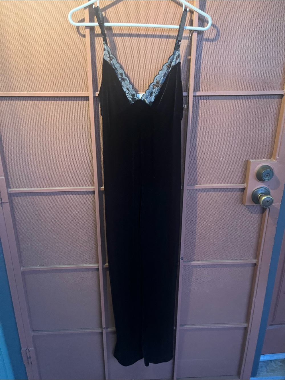 Black Velvet jumpsuit with Lace Trim has stretch soooo cute on !